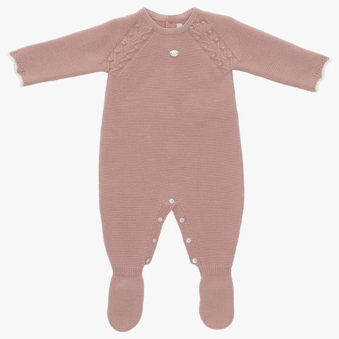 Infant Girl  Footed Knit Layette Romper With embroidered rose design garden rose  003-10210