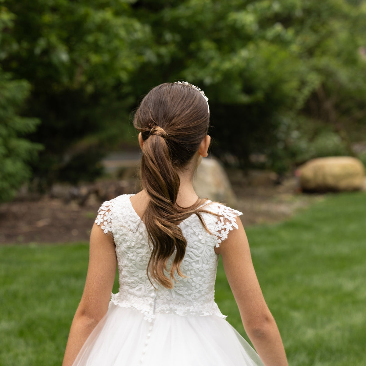 Diamond White Cap Sleeve Venise Lace Communion Dress 7