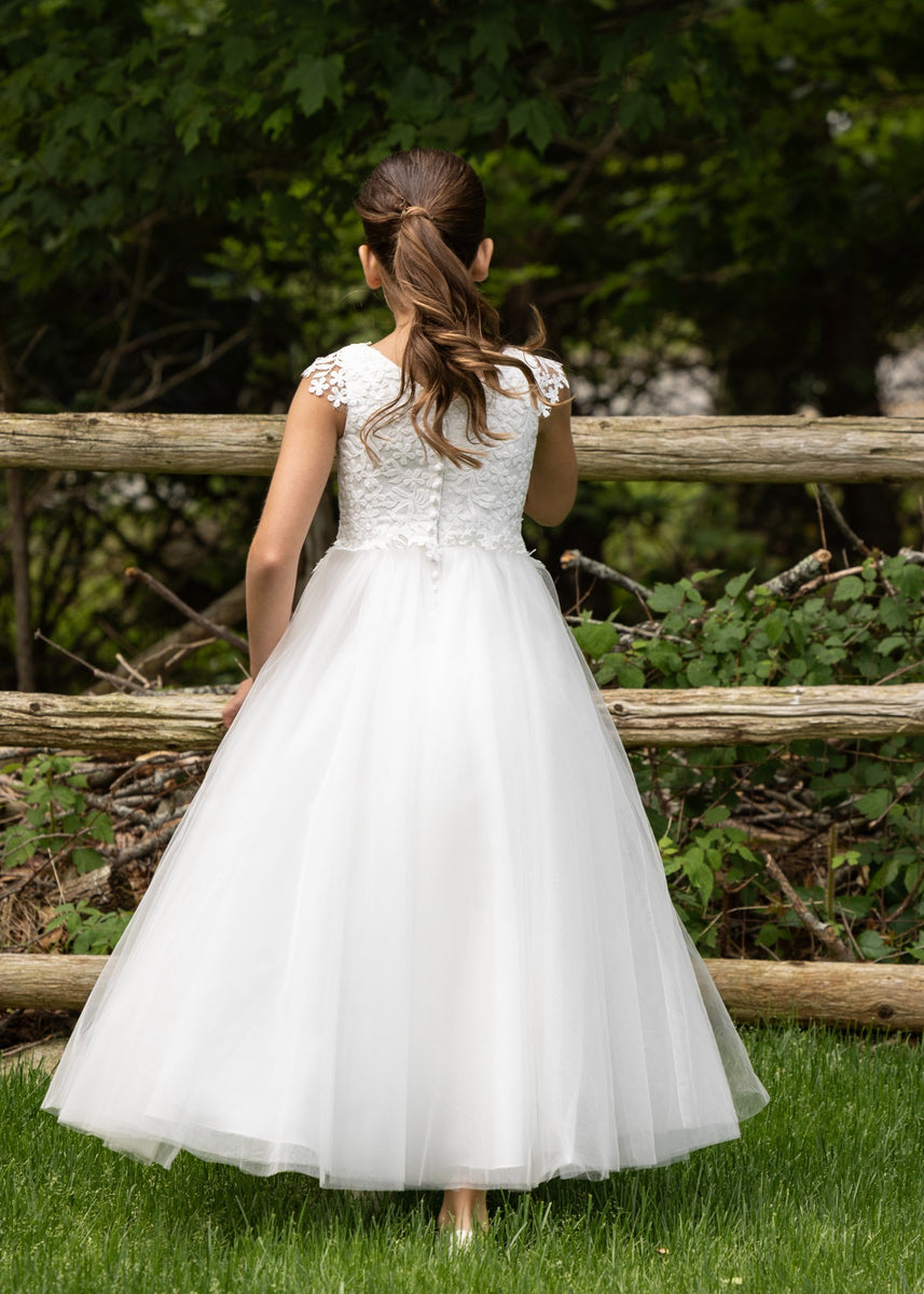 Diamond White Cap Sleeve Venise Lace Communion Dress 7
