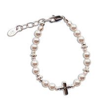 Load image into Gallery viewer, Girls Sterling Silver Pearl Cross Baby Bracelet Baptism Gift - Nenes Lullaby Boutique Inc