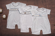 Load image into Gallery viewer, Puppy Smocked Baby Romper: 3M