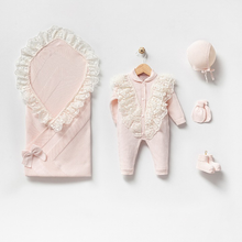 Load image into Gallery viewer, Organic Beautiful Babyshower Set with Lace details, 5 pieces: Beige - Nenes Lullaby Boutique Inc