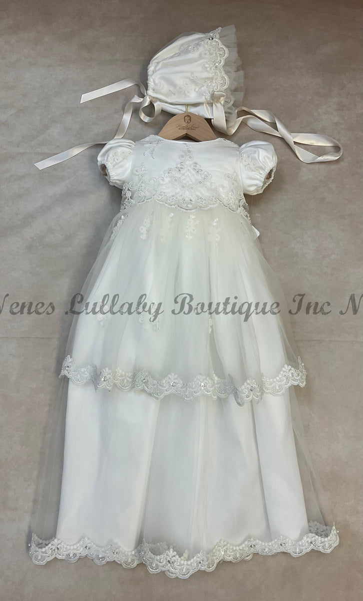 Fabiola Girls Diamond White Tulle/Lace Christening Gown / Baptism Gown by Piccolo Bacio 6 Month / Shantung