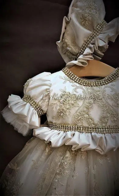Sabrina Girls Regal Couture Christening / Baptism Gown champagne lace,orster satin & rhinestone 3 MONTH / Champaign /diamond White