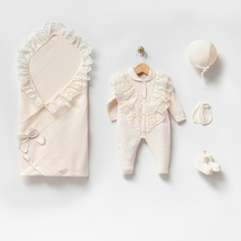 Load image into Gallery viewer, Organic Beautiful Babyshower Set with Lace details, 5 pieces: Beige - Nenes Lullaby Boutique Inc
