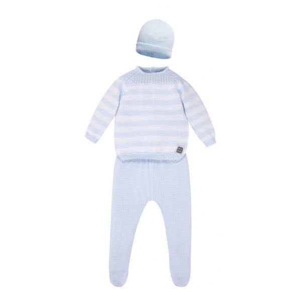 Boy Baby blue knit with matching hat 100% Cotton 3 piece set