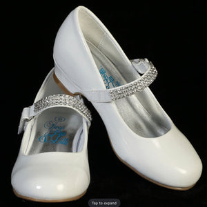 Girls White Patten 1" heels shoe with rhinestone strap.