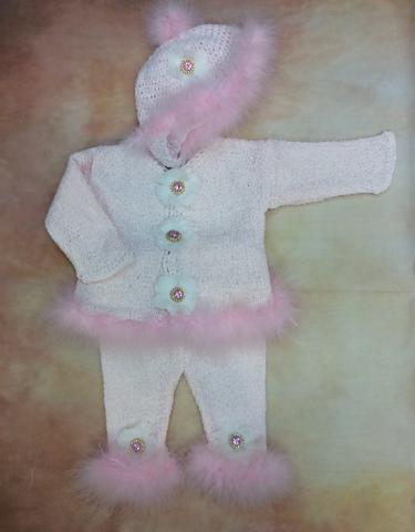 CPK635KPC Baby Girl Pink Chenille Cardigan/pant/hat set with jewel button pink marabou-Gita Accessories-Nenes Lullaby Boutique Inc