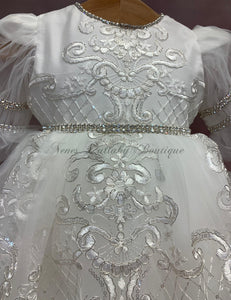 Girls White Metallic re-embroidered lace Christening / Baptism  gown  by Piccolo Bacio Couture