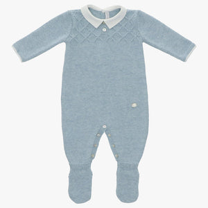 Infant boy Footed Knit Layette Romper With Pointed Cotton Collar 003-10201