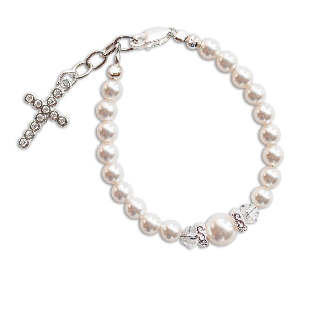 Sterling Silver Pearl Cross Baptism Gift Communion Bracelet: Medium 1-5 Years