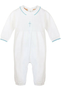 Julius Berger & Carriage Boutique - Baby Boy Knit Pearl Blue Cross Outfit + Bonnet: 6M