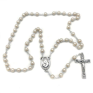 RM Trading - Rosary Pearl Glass Cream Beads Silver Tone