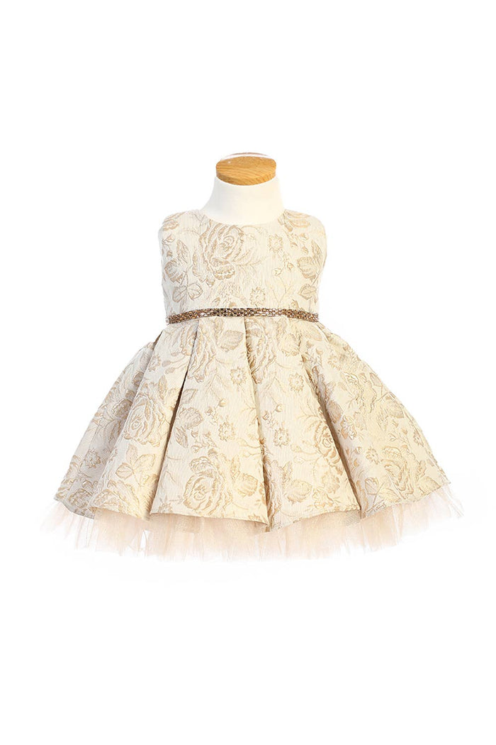 Sweet Kids, Inc. - SK831 - metallic floral pleated jacquard w/ peek a boo tulle: Champagne / S (6mths)