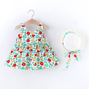 2pcs Floral Print Bowknot Sleeveless Baby Dress: 6-9 Months / Pink