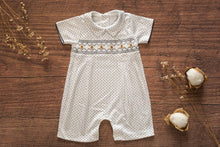 Load image into Gallery viewer, Navy Dots Bears Smocked Baby Romper: 12M