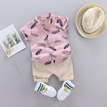 Load image into Gallery viewer, Leaf Print Short-sleeve Shirt and Pants Set: 9-12 Months / Blue