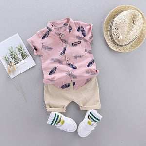 Leaf Print Short-sleeve Shirt and Pants Set: 6-9 Months / Blue