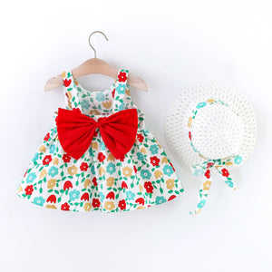 2pcs Floral Print Bowknot Sleeveless Baby Dress: 6-9 Months / Pink