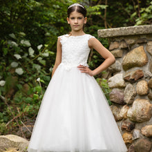 Load image into Gallery viewer, 19420 Diamond White Cap Sleeve Venise Lace Basque Waist Communion Dress