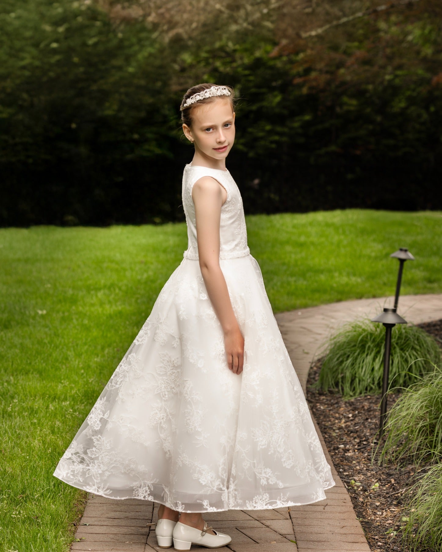 19423 Diamond White Sleeveless all over lace with beaded waist and A-line skirt Communion Dress
