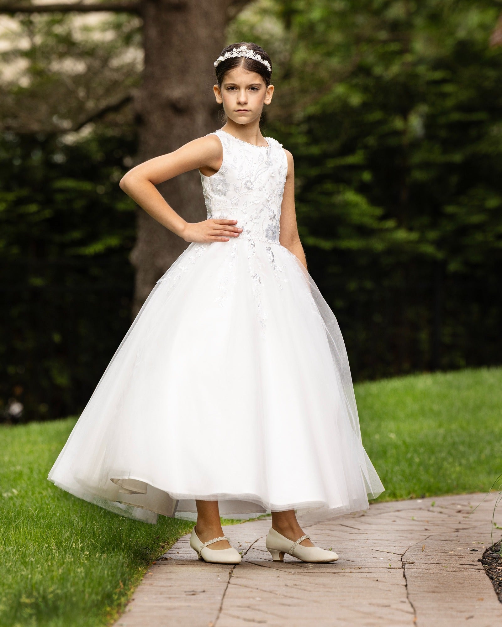 19428 Diamond White Sleeveless beaded top with 3D flowers, tulle skirt