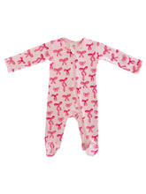 Load image into Gallery viewer, Pink Bows / Organic Pointelle 2-Way Zip Footie: 3-6M