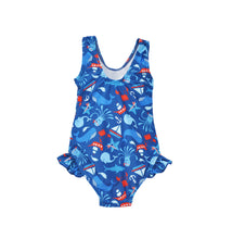 Load image into Gallery viewer, Flap Happy - Kids UPF50+ Delaney Hip Ruffle Swimsuit for Girls: Mermaid Friends / 12M