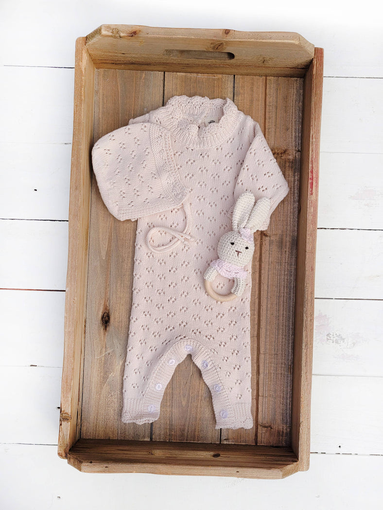 Grace Knitted Romper with Hat 2pc Set Apricot pink or Plum: Light Apricot/pink / 3-6m