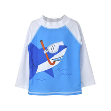 Load image into Gallery viewer, Flap Happy - Kids UPF50+ Graphic Rash Guard Swim Top for Boys (H): Painted Palms Blue / 3