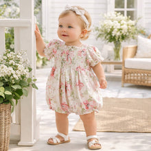 Load image into Gallery viewer, Tesa Babe - Blush Bouquet Smocked Bodice Puff Sleeve Baby Girl Romper: 0-3M