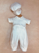 Load image into Gallery viewer, Andrew Boys Designer Shantung Christening/ Baptism outfit by Piccolo Bacio short sleeve , long pleaded pant with newsboy cap Made in the USA
