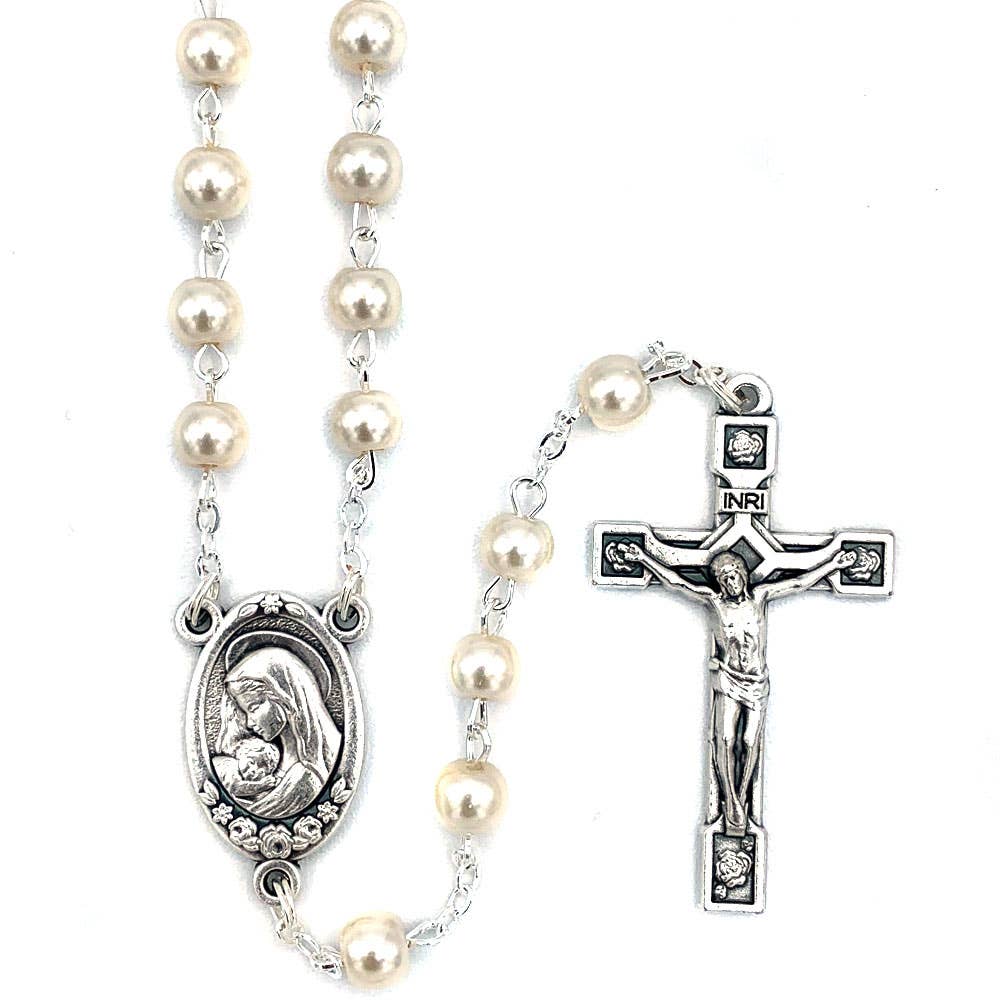 RM Trading - Rosary Pearl Glass Cream Beads Silver Tone