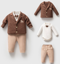 Load image into Gallery viewer, Nipperland - Carousel Knit Baby Boy Set Linen Pants Set with Bow Tie : Beige / 6-12M