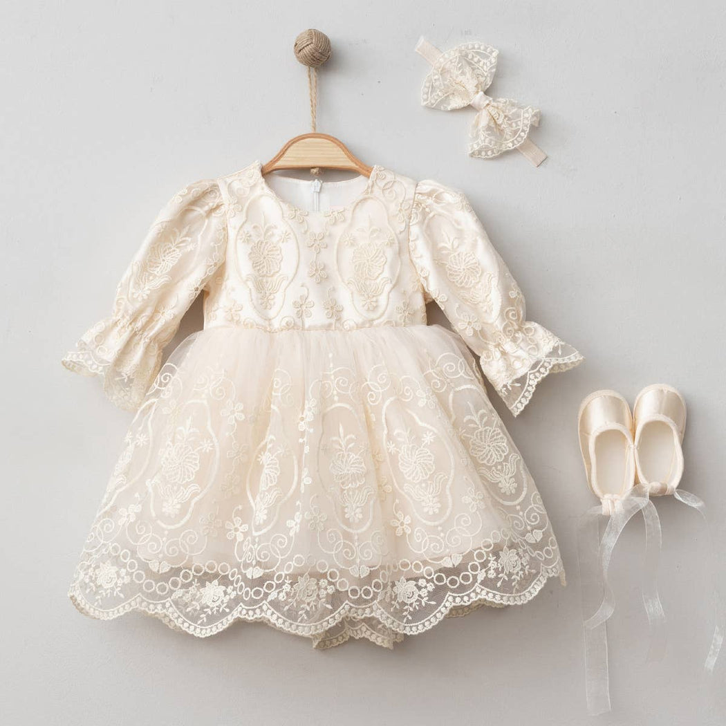 Butterfly Girl Special Day Lace Baptism Dress 4 pcs Set: Style3 / 3-6M