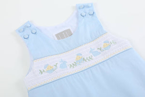 Lil Cactus - Light Blue Easter Smocked Shortalls: 12-18M