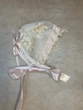 Load image into Gallery viewer, 3857-3 Vintage Cream Ivory lace &amp; Pink Ribbon Layette Sack Gown