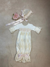 Load image into Gallery viewer, 3857-3 Vintage Cream Ivory lace &amp; Pink Ribbon Layette Sack Gown