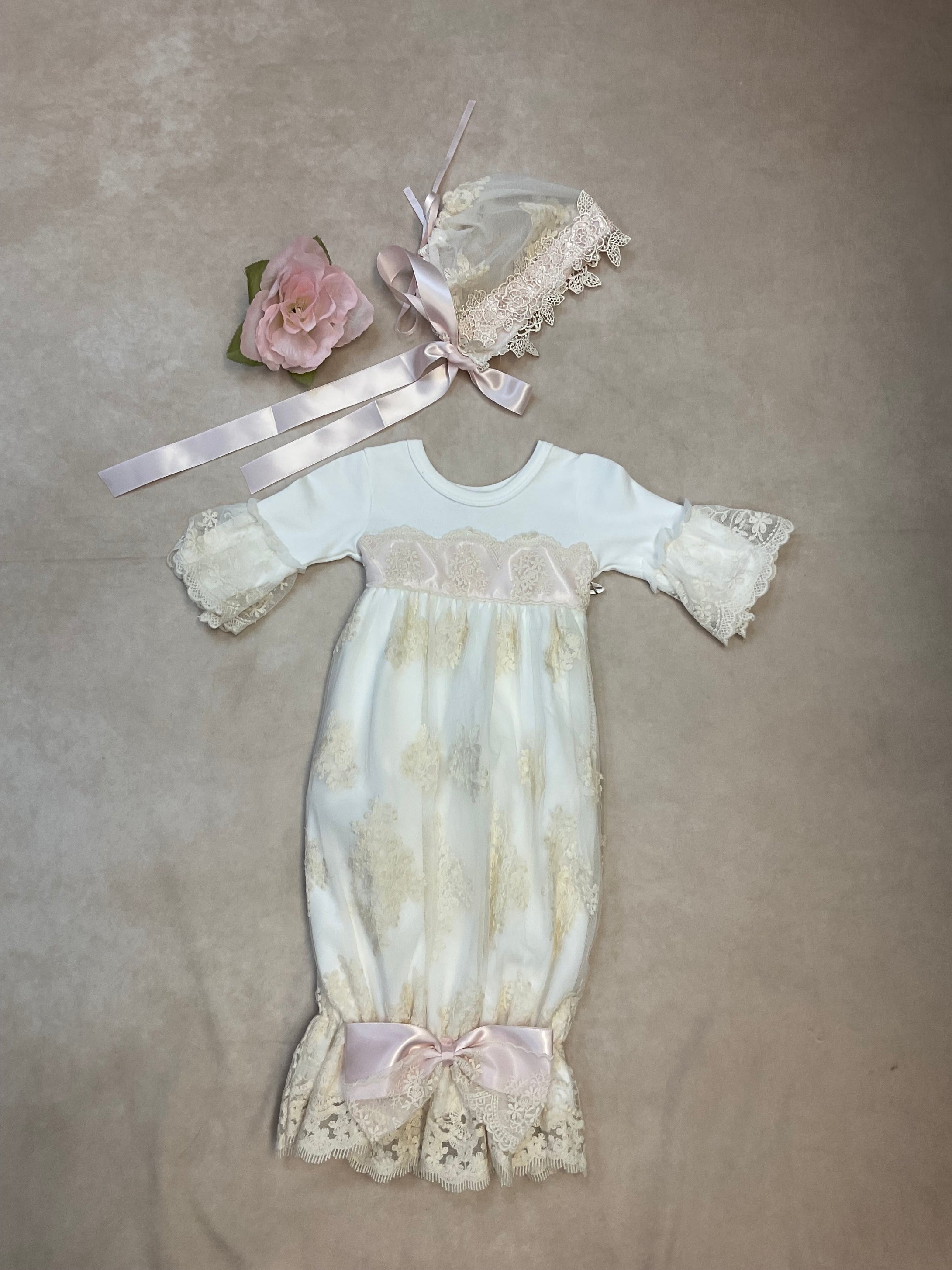 ivory/pink belted satin & cream belt lace layett sack