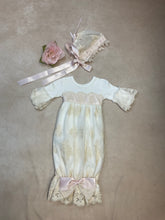 Load image into Gallery viewer, ivory/pink belted satin &amp; cream belt lace layett sack