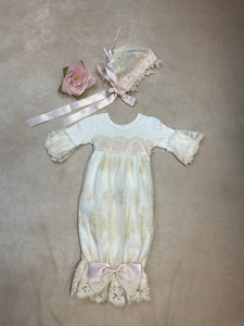 ivory/pink belted satin & cream belt lace layett sack