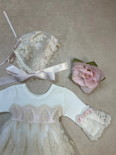 Load image into Gallery viewer, 3857-4 Vintage Cream Ivory lace &amp; Pink Ribbon Dress