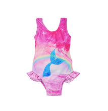 Load image into Gallery viewer, Flap Happy - Kids UPF50+ Delaney Hip Ruffle Swimsuit for Girls: Mermaid Friends / 12M