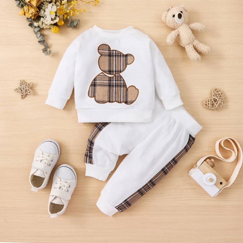 2pcs Toddler Boy Playful Bear and Plaid Set: White / 3 Years