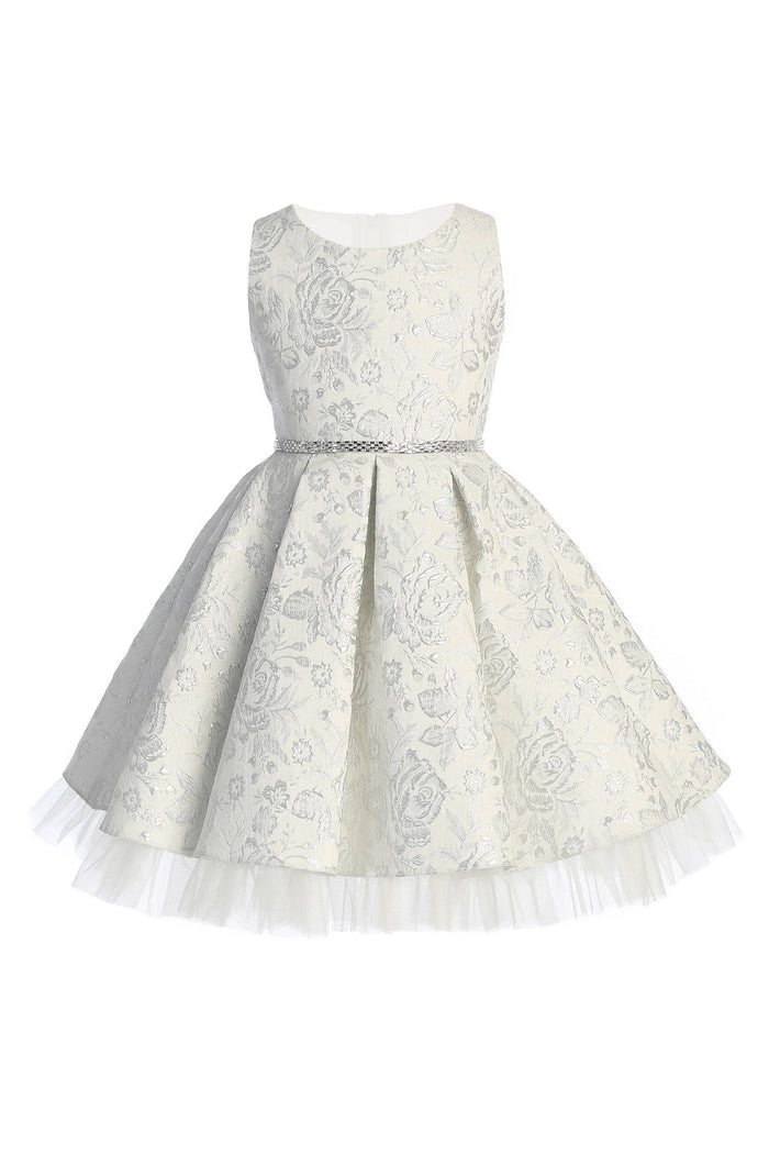 Sweet Kids, Inc. - SK831 - metallic floral pleated jacquard w/ peek a boo tulle: Silver / 5