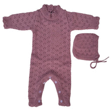 Load image into Gallery viewer, Grace Knitted Romper with Hat 2pc Set Apricot pink or Plum: Light Apricot/pink / 3-6m