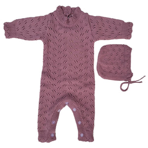 Grace Knitted Romper with Hat 2pc Set Apricot pink or Plum: Light Apricot/pink / 3-6m