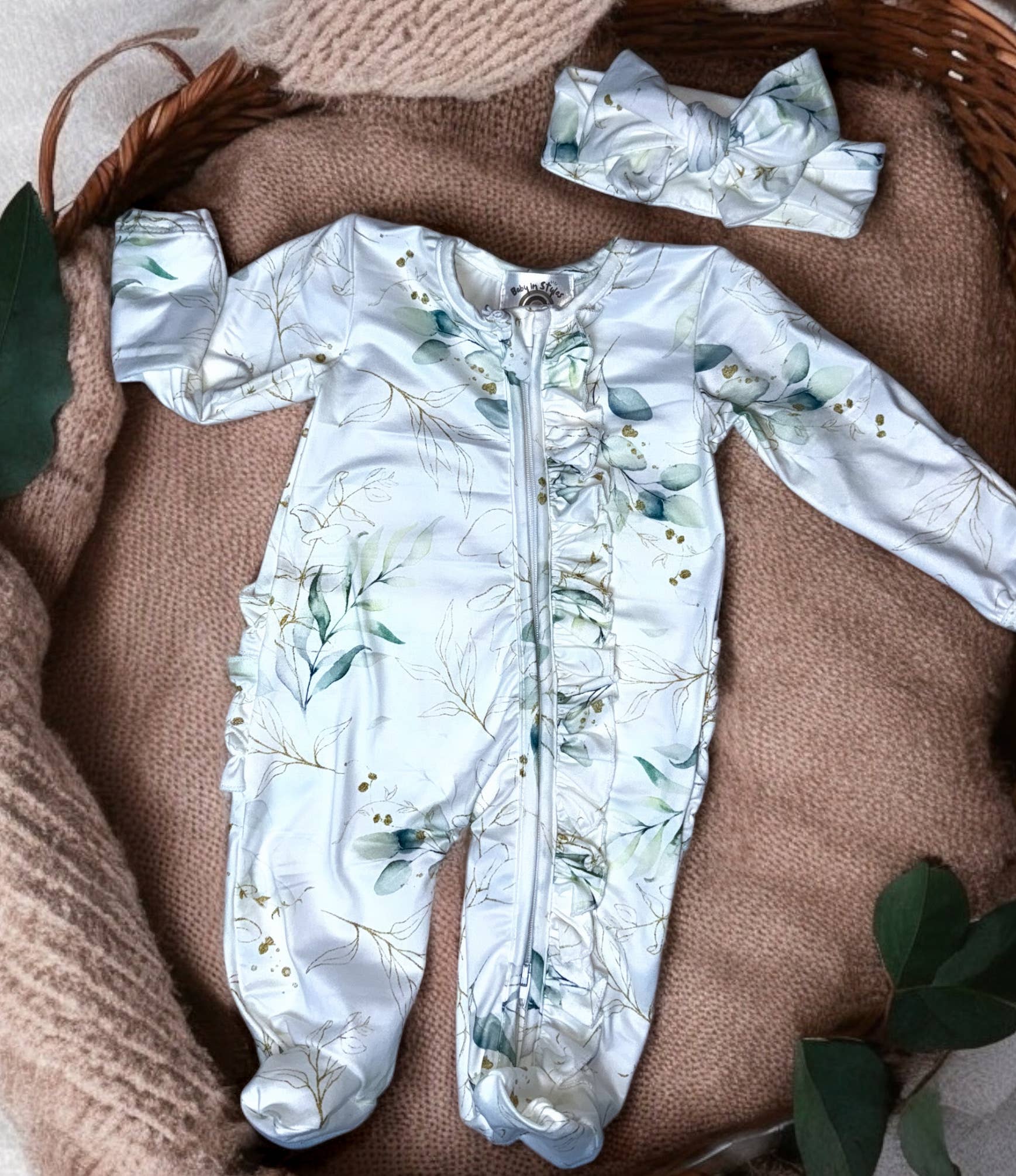 Baby in Styles - Newborn eucalyptus ruffle footie and headband set  - Nenes Lullaby Boutique Inc