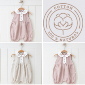 Girl Natural Linen Embrodried Romper 0-12M: 9-12M / Rose