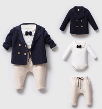 Load image into Gallery viewer, Nipperland - Knit Baby Boy Outfit – Cotton Linen Pants Set with Bow Tie : Blue / 0-3M